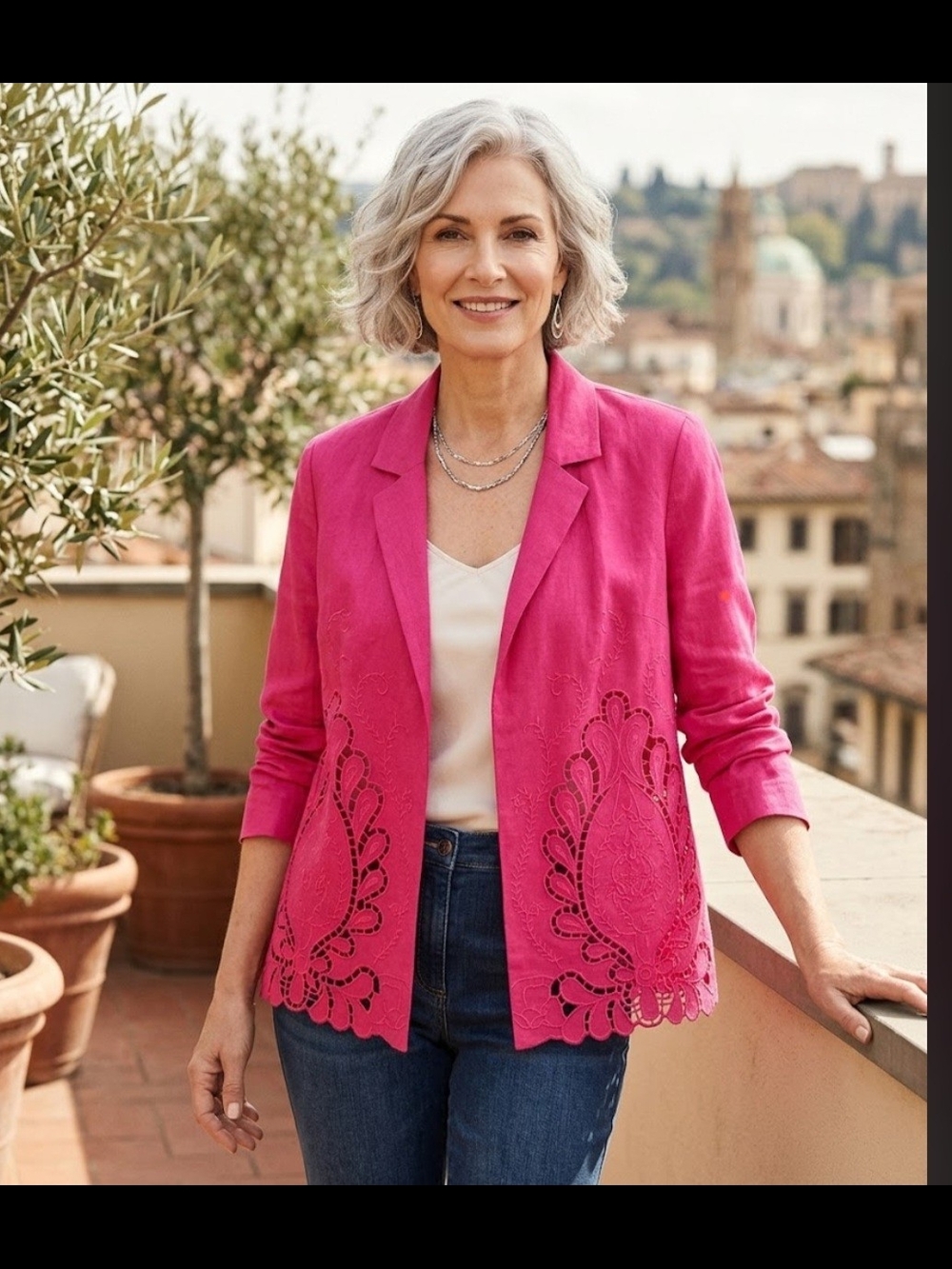 Chico's Fuchsia Cutwork Linen-Blend Blazer